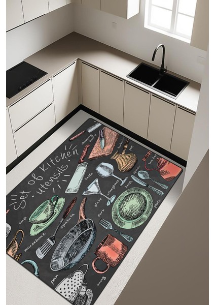 Kitchen Desenli Dijital Baskı Kaymaz Taban Mutfak Halısı H0054
