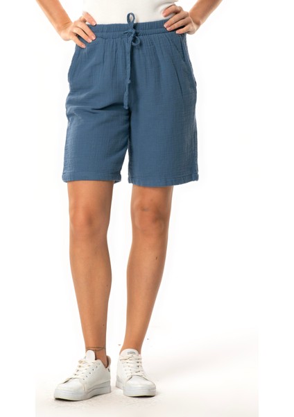 Inci Bağlamalı Uzun Yazlık Müslin Şort Indigo Indg