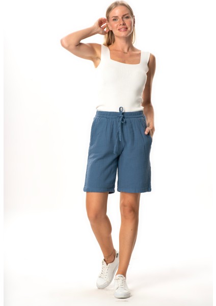 Inci Bağlamalı Uzun Yazlık Müslin Şort Indigo Indg