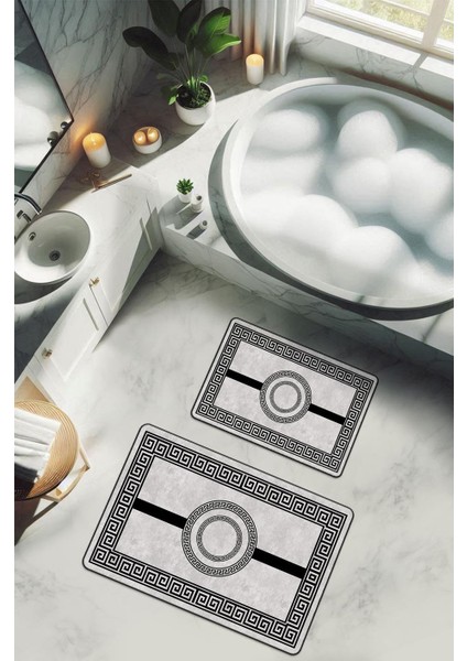 Yıkanabilir Kaymaz Tabanlı Modern Desenli 2'li Banyo Paspas Takımı BPS0008