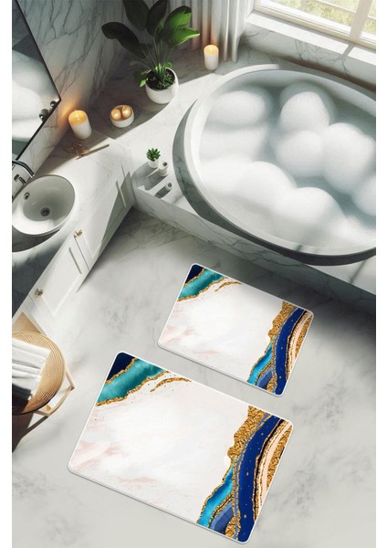 Yıkanabilir Kaymaz Tabanlı Modern Desenli 2'li Banyo Paspas Takımı BPS0028