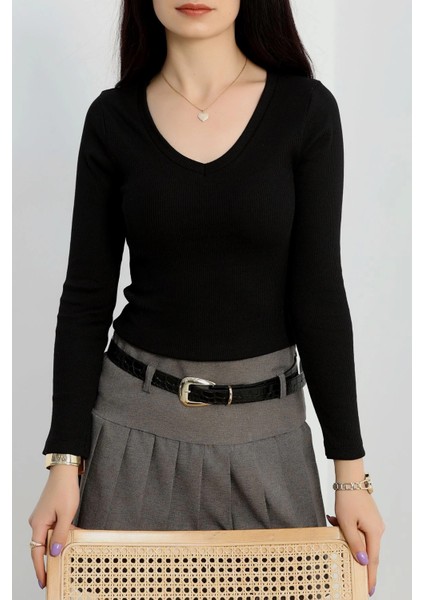 V Yaka Kaşkorse Bluz Siyah