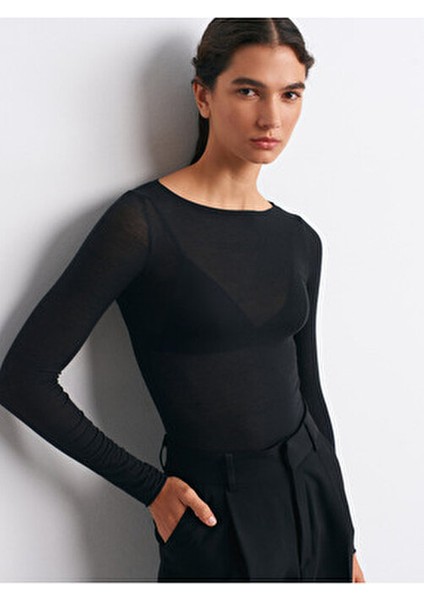 32122 Kayık Yaka Modal Kaşmir Ultra Hafif Bluz-Siyah