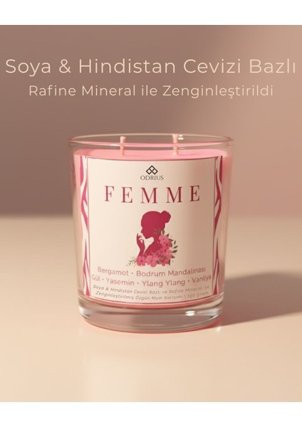 FEMME Kokulu Mum – Bergamot, Gül & Yasemin – Feminen ve Çekici Atmosfer – Kalıcı Mum – Soya & Hindistan Cevizi Bazlı ve Rafine Mineral ile Zenginleştirilmiş Özgün Mum Karışımı – 150 Gram - ODRIUS modelleri