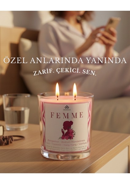 FEMME Kokulu Mum – Bergamot, Gül & Yasemin – Feminen ve Çekici Atmosfer – Kalıcı Mum – Soya & Hindistan Cevizi Bazlı ve Rafine Mineral ile Zenginleştirilmiş Özgün Mum Karışımı – 150 Gram - ODRIUS