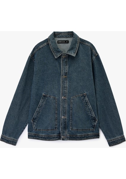 Uzun Kollu Cepli Gömlek Yaka Düğmeli Rahat Kalıp Jean Ceket