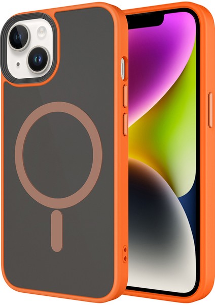 iPhone 14 Kılıf Mat Arka Yüzey Wireless Şarj Özellikli Zore Flet M-Safe Kapak - Turuncu