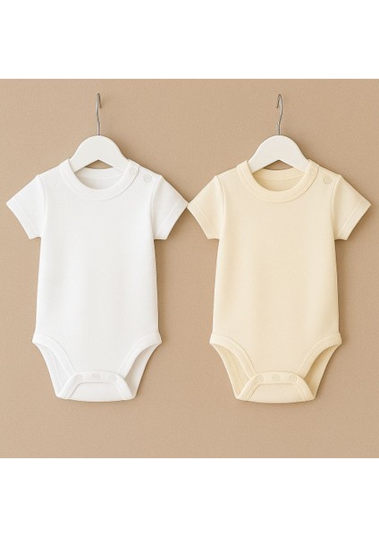 Kısa Kollu Omuzdan Çıtçıtlı 2li Bebek Body Zıbın Krem-Beyaz