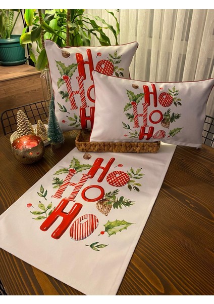 H1254 Hoho Yapraklar Kırlent Runner 3lü Kombin Set