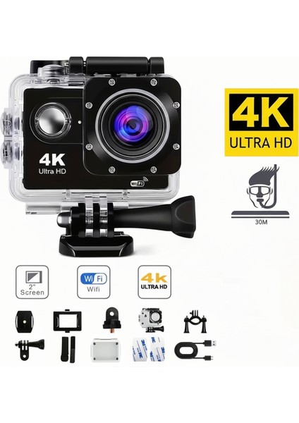 4K Wifi Aksiyon Kamerası 170° Geniş Açı Spor Kamera Ön Kayıt + Kask Montaj Aksesuar Seti
