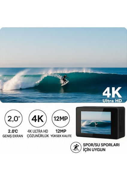 4K Wifi Aksiyon Kamerası 170° Geniş Açı Spor Kamera Ön Kayıt + Kask Montaj Aksesuar Seti fırsatları