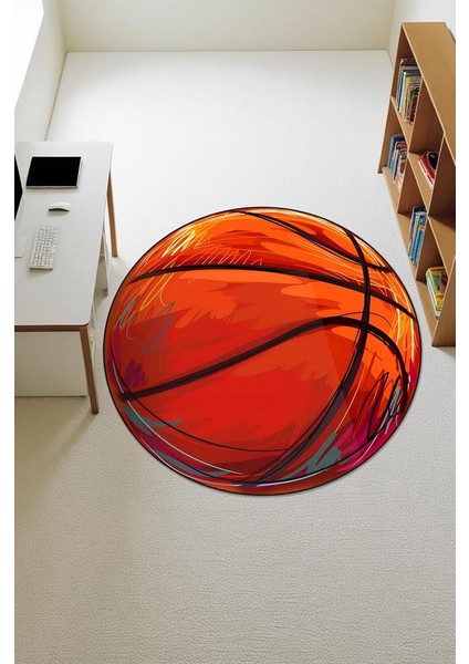 Basket Topu Desenli Yuvarlak Dijital Baskı Kaymaz Tabanlı Çocuk ve Genç Odası Halısı H0385
