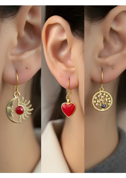 Hayat Ağacı Kırmızı Kalp Ay Güneş Sembol Figürlü 3’lü Kadın Küpe Set