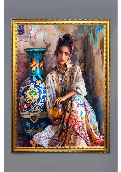 Kadın Figürlü Desenli Dijital Baskılı Kadife Kumaş Çerçeveli Tablo TBL0012