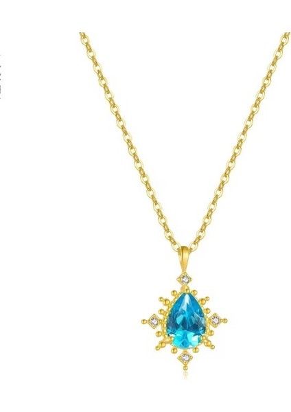 Blue Sunray 925 Ayar Mavi Taşlı 18K Altın Kaplama Gümüş Kolye