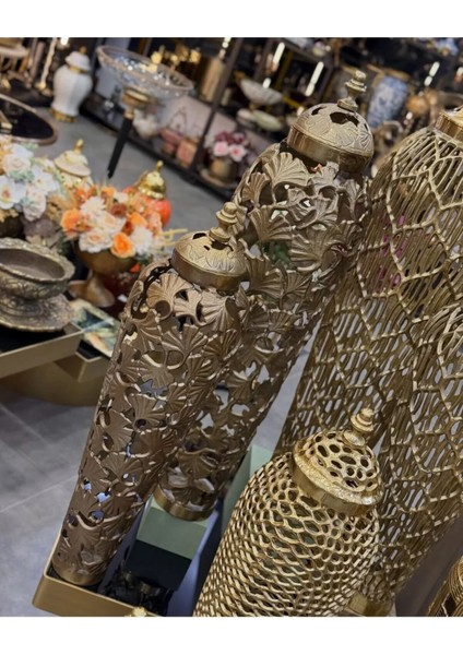 2'li Kapaklı Pirinç Eskitme Vazo Küp 95-85 cm