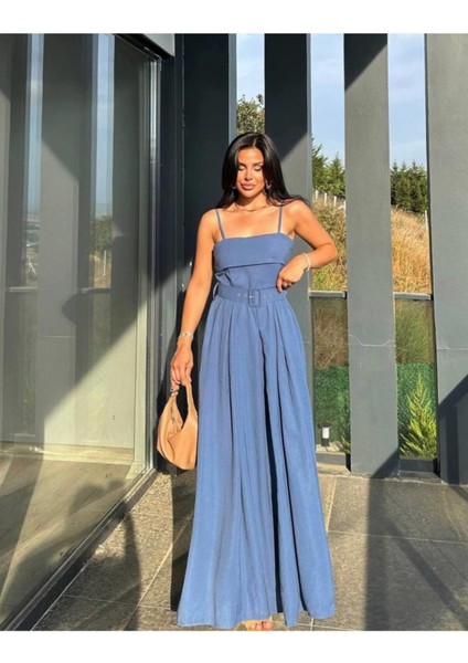 Modal Kumaş Askılı Kemerli Mavi Elbise modelleri