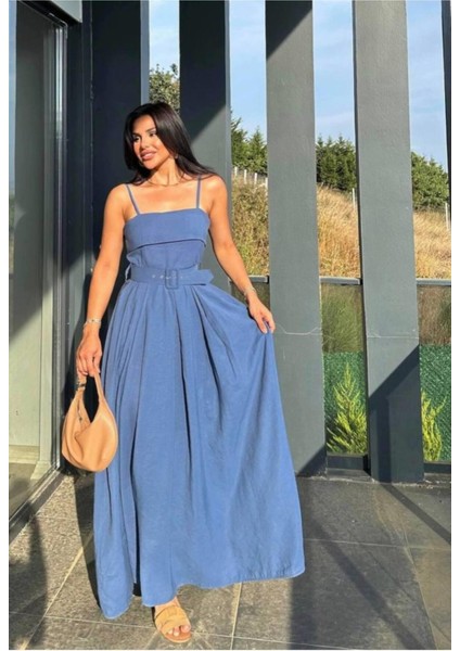 Modal Kumaş Askılı Kemerli Mavi Elbise indirimleri