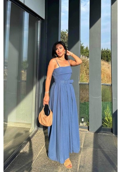 Modal Kumaş Askılı Kemerli Mavi Elbise