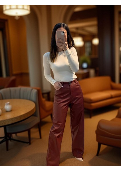 Bordo Suni Deri Palazzo Kadın Pantolon modelleri