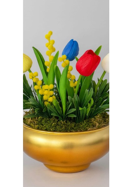 Lale Harmoni – Gold Kase Renkli Lale Aranjmanı fiyatları