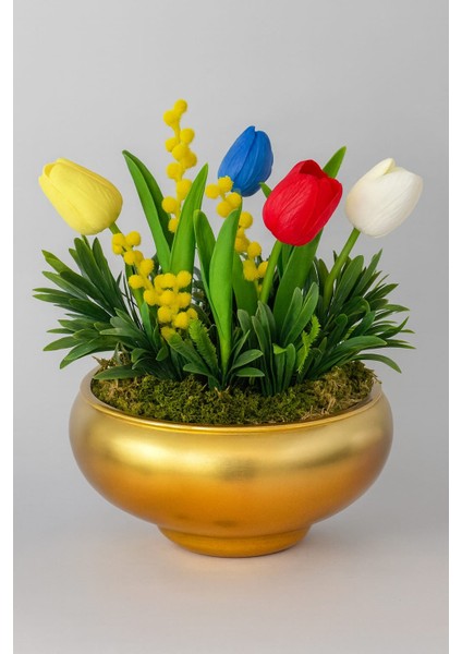 Lale Harmoni – Gold Kase Renkli Lale Aranjmanı indirimleri