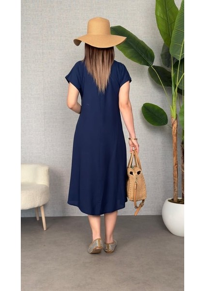 Kadın Kısa Kollu V Yaka Salaş Maxi Boy Elbise