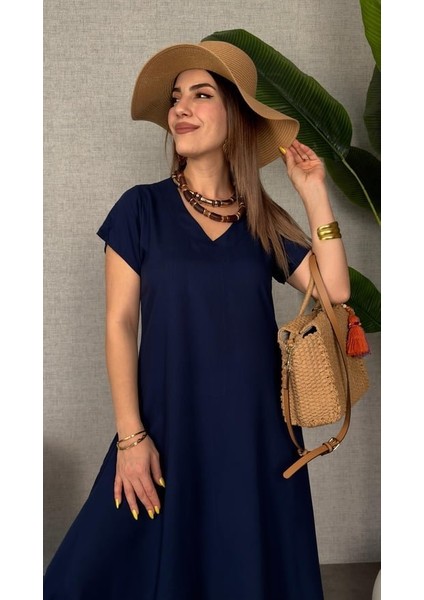 Kadın Kısa Kollu V Yaka Salaş Maxi Boy Elbise fiyatları