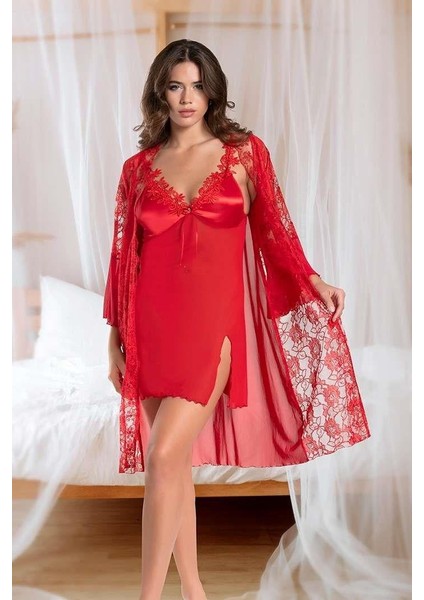 Arias Closet Transparan Dantel Işlemeli Tül Yırtmaçlı 2'li Kırmızı Gecelik Takımı