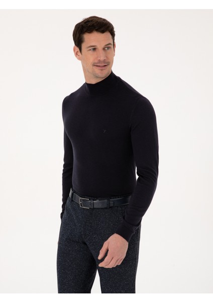 Erkek Lacivert Slim Fit Pamuk Karışımlı Yarım Balıkçı Yaka Basic Triko Kazak 50318619-VR033