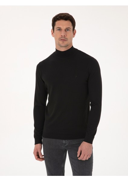 Erkek Siyah Slim Fit Pamuk Karışımlı Yarım Balıkçı Yaka Basic Triko Kazak 50318619-VR046