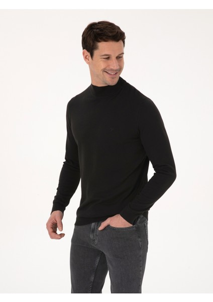 Erkek Siyah Slim Fit Pamuk Karışımlı Yarım Balıkçı Yaka Basic Triko Kazak 50318619-VR046