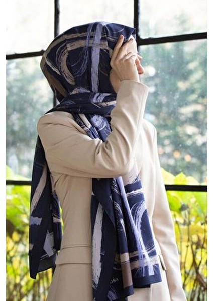 Lüks Medine Ipeği Fırça Desenli Lacivert - Bej Renkli 75X195 Kırışmaz Şal Moss Krep Dikiş Tipi Italy