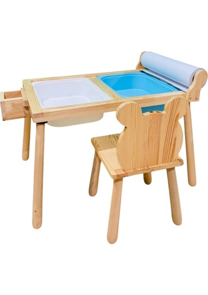 Rulo Aparatlı Doğal Ahşap Duyusal Çocuk Aktivite Masası Oyun Masası 1 Adet Ayı Sandalye