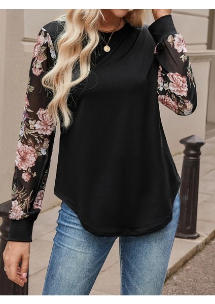 Kadın Uzun Kollu Bisiklet Yakalı Kolun Çiçek Desenli Viskon Iki Iplik Bluz modelleri