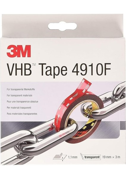 3m 4910F Montaj Yapışkan Bant Çift Taraflı - Neredeyse Görünmez Yapışkan Tabakalı Şeffaf Malzemelerin Yapıştırılmasını Sağlar - 19 mm x 3 M, Şeffaf, 1,0 mm (1'li Paket)