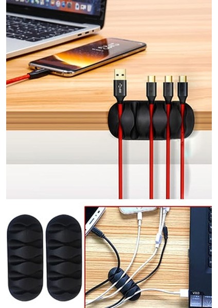 Kablo Tutucu 5 Kanallı 3 Adet Siyah Masa Kenarı Yapışkanlı Kablo Tutucu