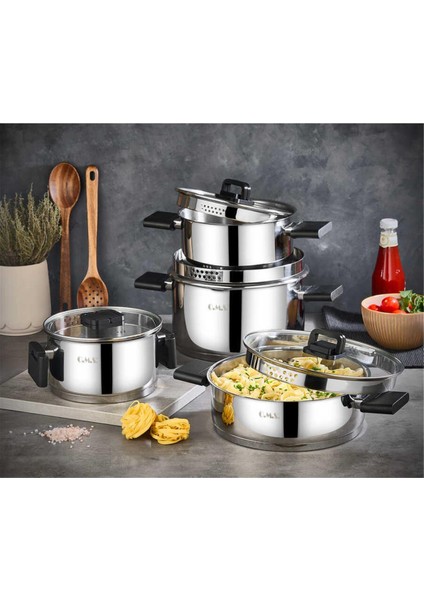 Collection 8 Parça Katlanabilir Saplı Süzgeç Ağızlı Indüksiyon Taban Çelik Tencere Seti ( 1151 - Gümüş )