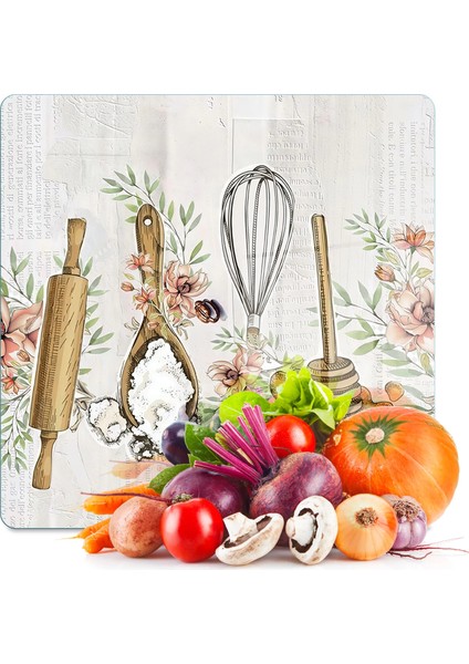Cam Kesme Tahtası ve Sunumluk Kare Kitchenware Desenli 30 x 30 cm