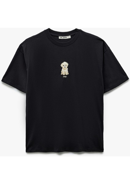 Bisiklet Yaka Kısa Kollu Köpek Nakışlı Pamuklu Oversize Tişört