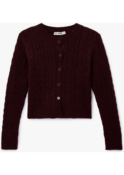 Bisiklet Yaka Düğmeli Saç Örgü Dokulu Triko Hırka