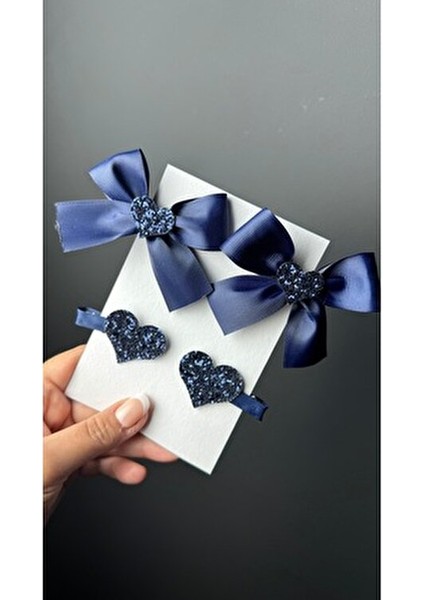 Lacivert Kız Çoçuk Bebek Kurdele Kalpli & Kalp Klips Toka Seti