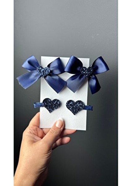 Lacivert Kız Çoçuk Bebek Kurdele Kalpli & Kalp Klips Toka Seti fiyatları