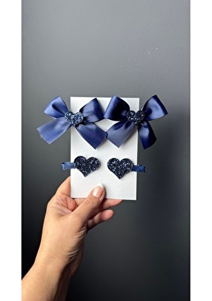 Lacivert Kız Çoçuk Bebek Kurdele Kalpli & Kalp Klips Toka Seti modelleri