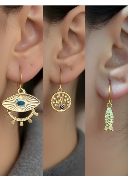 Balık Göz Hayat Ağacı Sembol Figürlü 3’lü Kadın Küpe Set