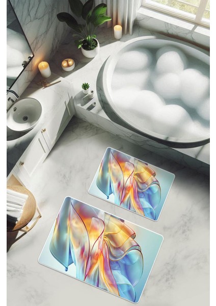 Yıkanabilir Kaymaz Tabanlı Modern Desenli 2'li Banyo Paspas Takımı BPS0001