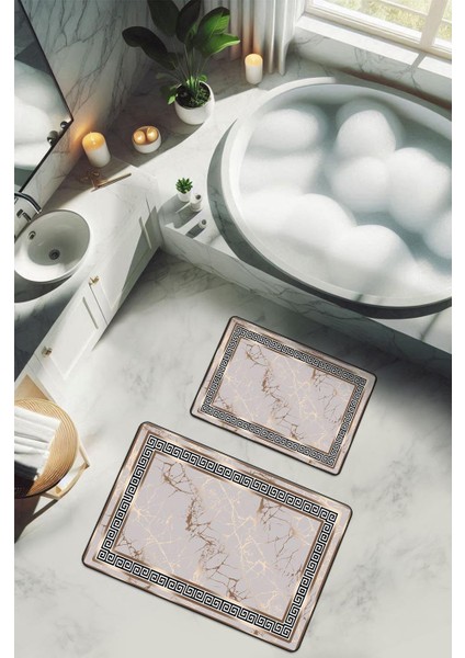 Yıkanabilir Kaymaz Tabanlı Modern Desenli 2'li Banyo Paspas Takımı BPS0003