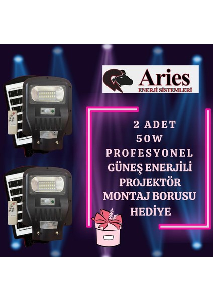 2 Adet 50W Güneş Enerjili Profesyonel Armatür