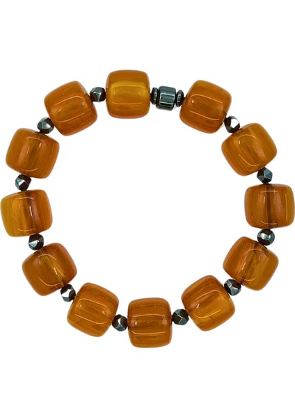 Kesme Model Sıkma Kehribar Hematit Taşlı Bileklik