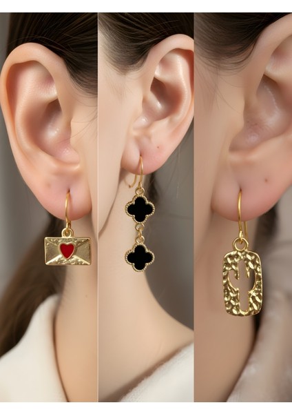 Kaktüs Siyah Yonca Kalp Zarf Sembol Figürlü 3’lü Kadın Küpe Set